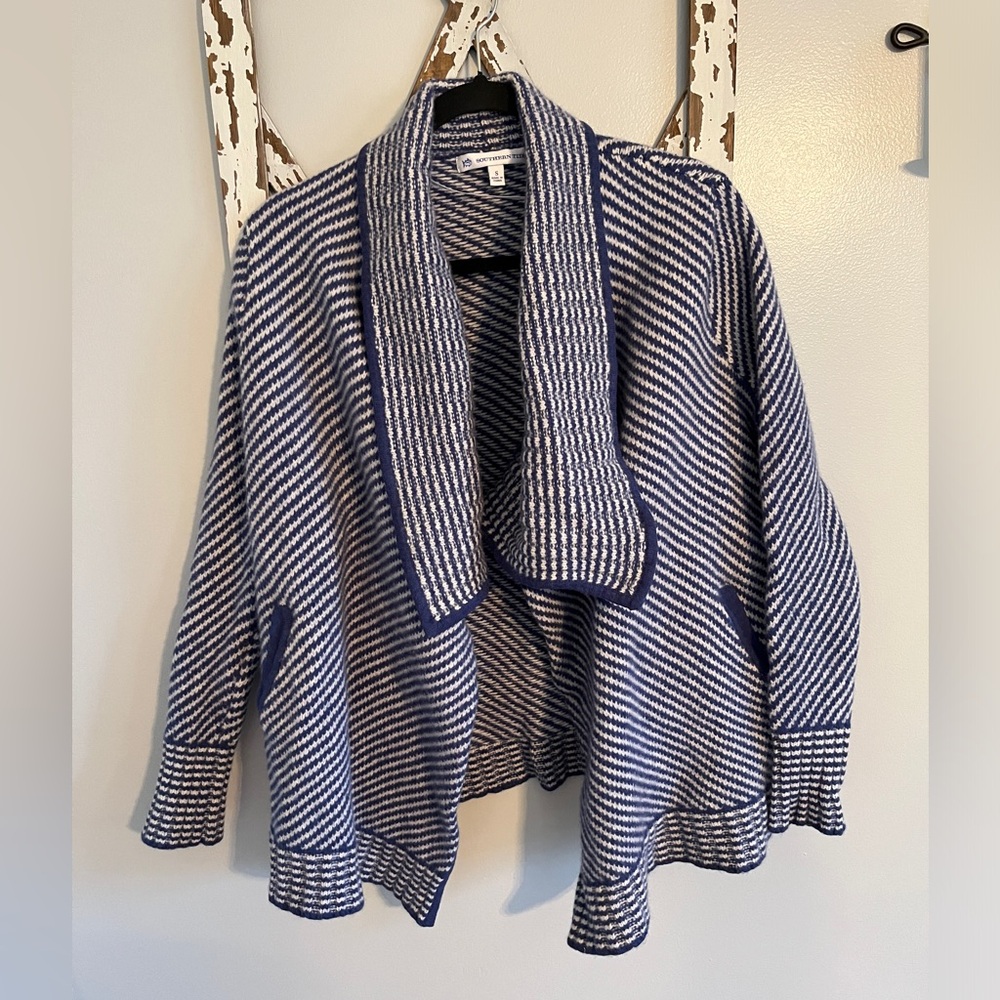 Southern Tide Women Blue Striped Wool Cashmere Wrap Pocket Sweater Cardigan Sz S